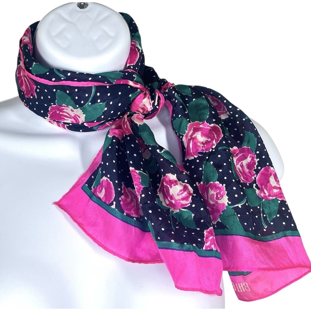 Bill Blass 100% Silk Rectangular Scarf 53x10 Pink Roses Blue Polka Dot Coastal